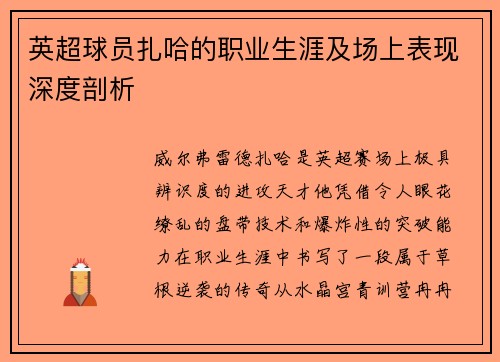 英超球员扎哈的职业生涯及场上表现深度剖析